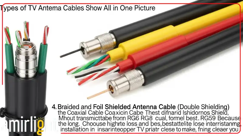 انواع کابل آنتن تلویزیون شامل کابل کواکسیال، RG6، RG59 و کابل با شیلد بافته و فویلی با هادی مسی و روکش محافظ، مناسب انتقال سیگنال دیجیتال و آنالوگ با کیفیت بالا و کاهش نویز