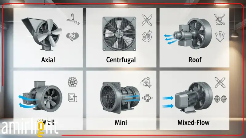 انواع هواکش صنعتی شامل محوری، سانتریفیوژ، سقفی، دیواری و کوچک